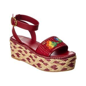Valentino Straw & Leather 50 Platform Sandal, Red